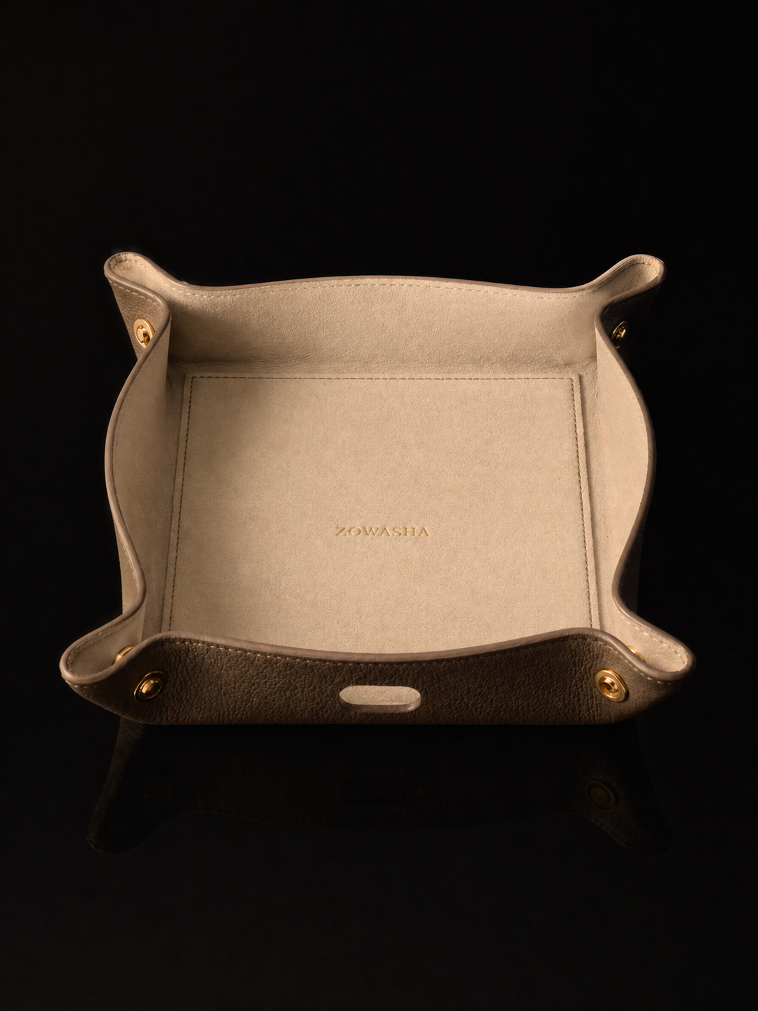 ZOWASHA leather valet tray — warm sand suede interior with gold foil stamp